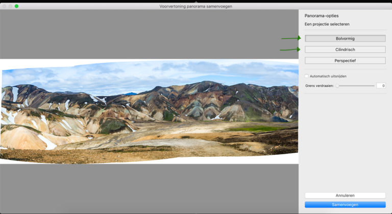 Het panoramavenster in Adobe Lightroom