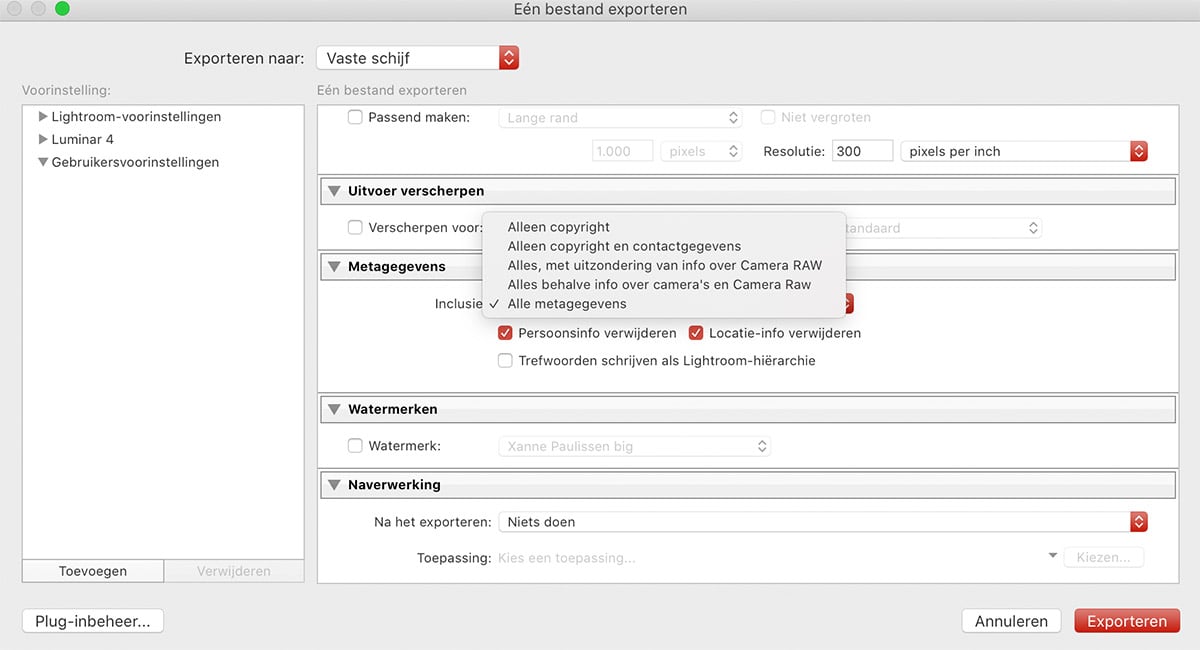 exif gegevens expoteren met lightroom cc cs