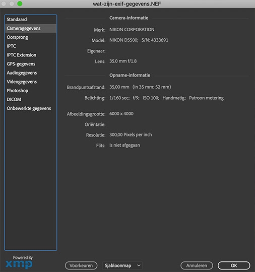 exif metagegevens opzoeken via photoshop