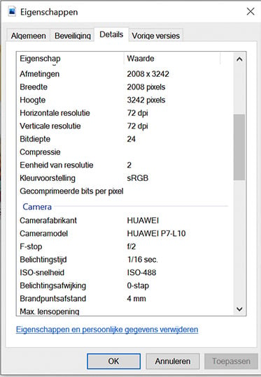 exif metagegevens opzoeken via windows