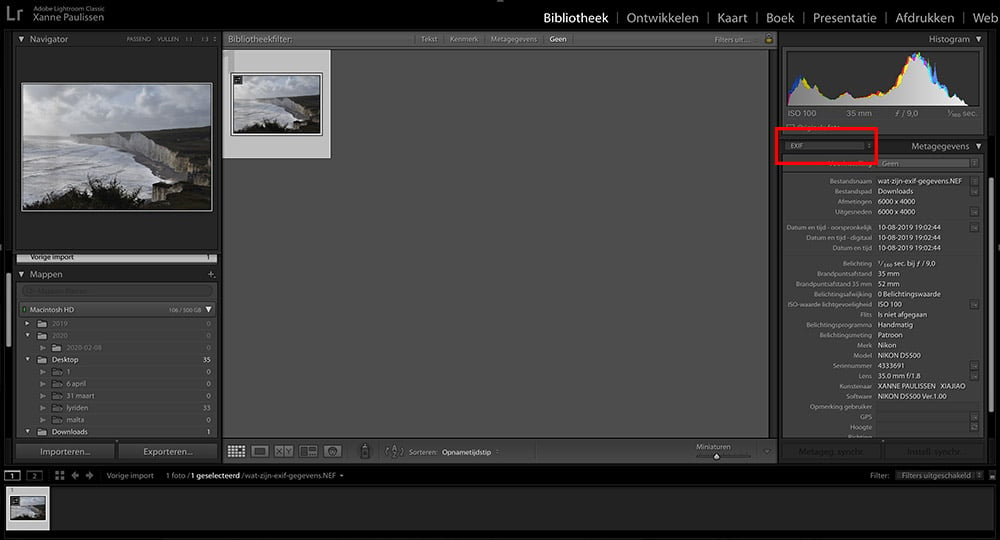 Exif gegevens opvragen via Lightroom