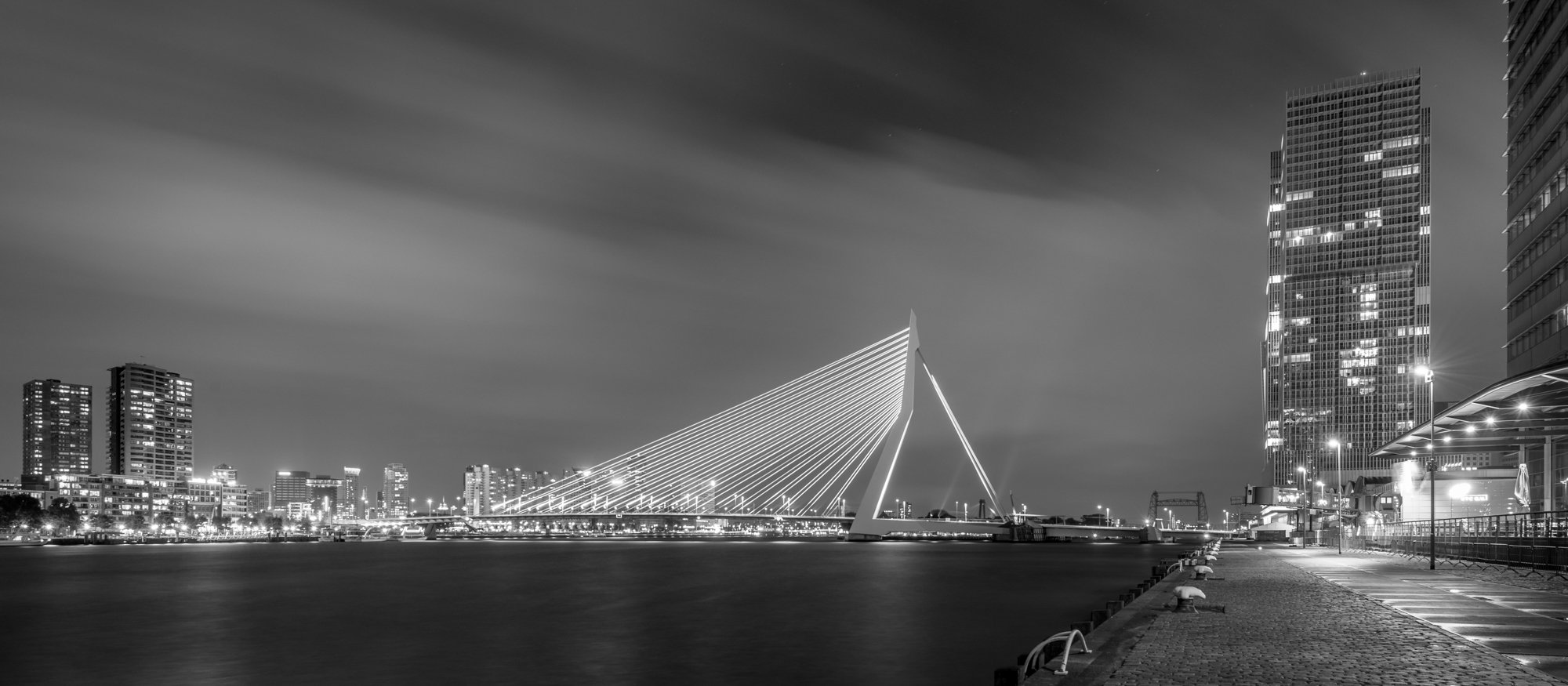 Panoramafoto in de avond Erasmusbrug (zwart-wit)