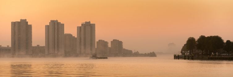 Foto van de mistige zonsopkomst bij De Esch in Rotterdam