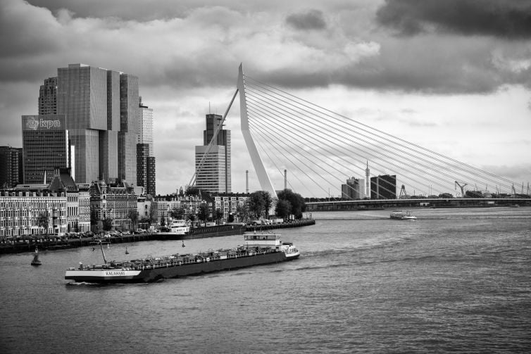 Zwart-wit foto Erasmusbrug en Kop van Zuid