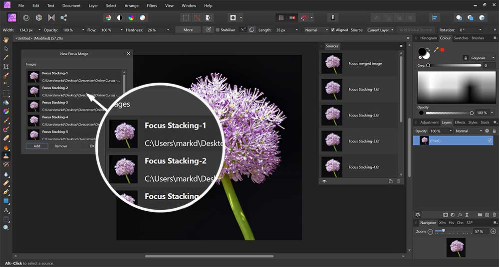 uitgebreide uitleg over Focus Stacking in Affinity Photo