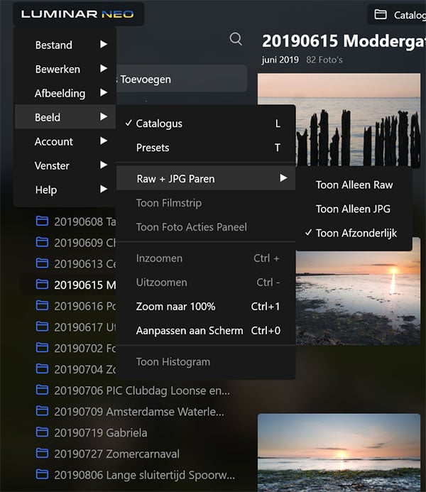 Luminar Neo - RAW en JPG foto's paren