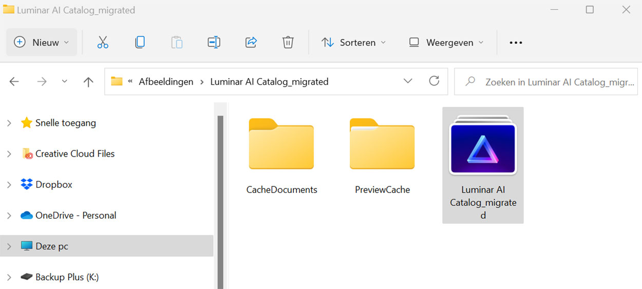 De gemigreerde Luminar AI catalogus staat in de map Afbeeldingen