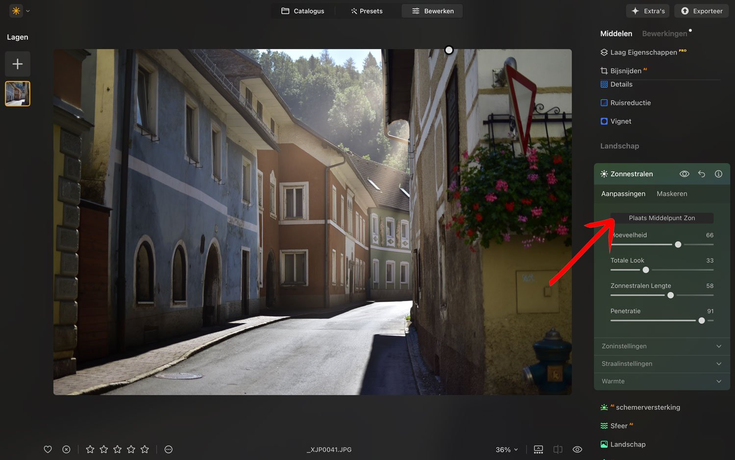 zon toevoegen zonlicht vakantiefoto luminar neo bewerken uitleg