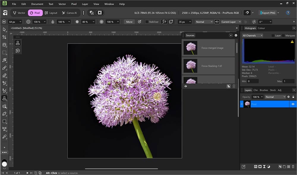 Hoe werkt focus stacking in Affinity van Canva?