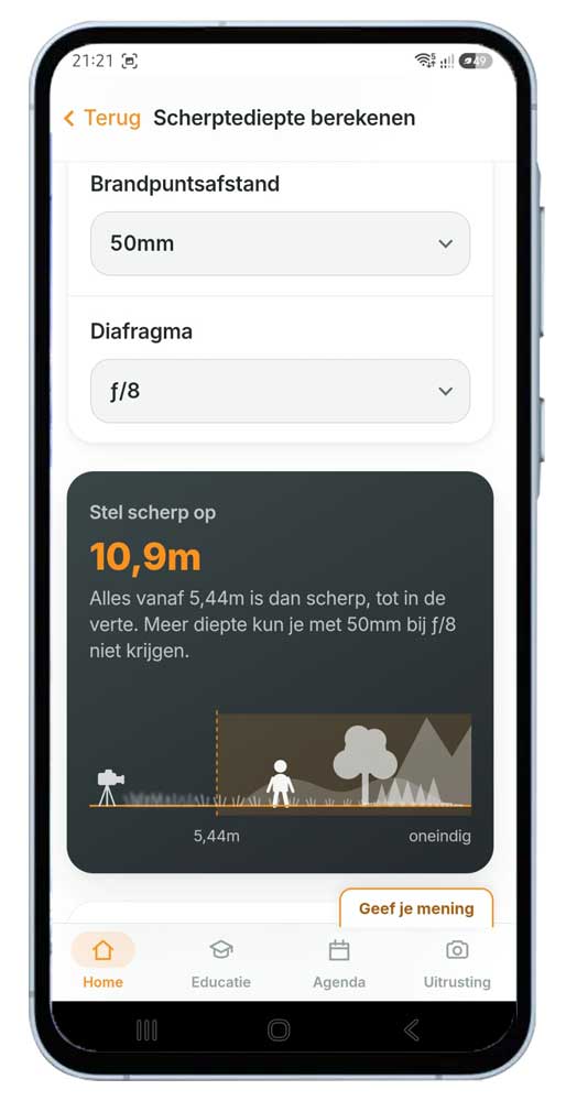 Nederlandse fotografie app - Hyperfocale scherpstelafstand berekenen